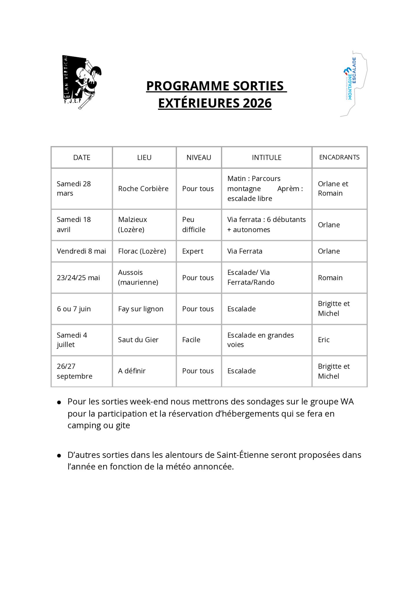 Programme des sorties escalade extérieures 2026 du club Élan Vertical Saint-Étienne
